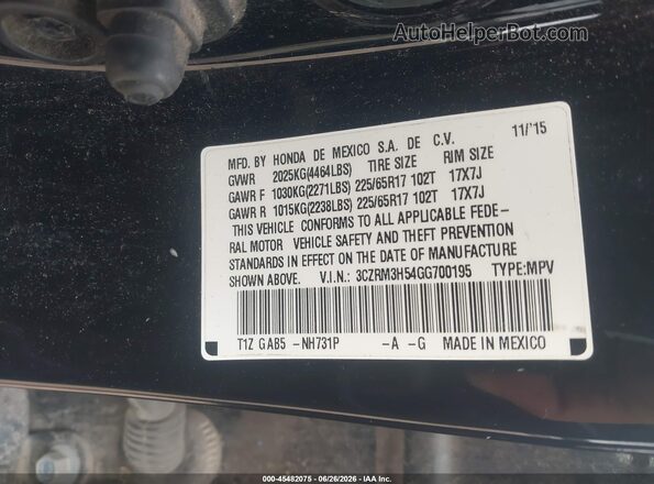 3CZRM3H54GG700195 2016 HONDA CR-V Black Շարժիչի բաժամունքի տեսք