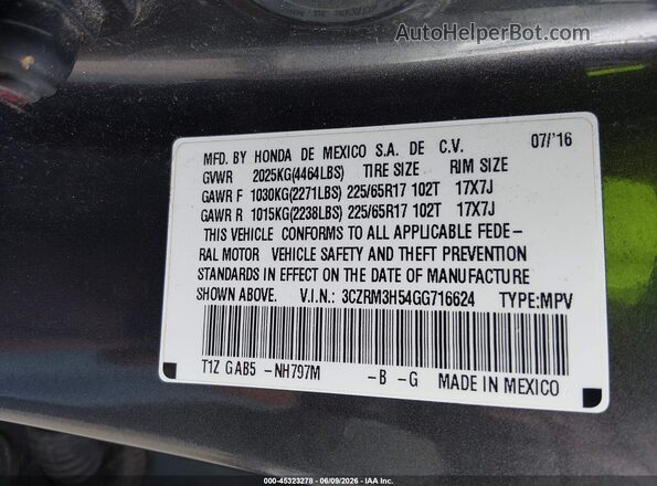 3CZRM3H54GG716624 2016 HONDA CR-V Gray Շարժիչի բաժամունքի տեսք