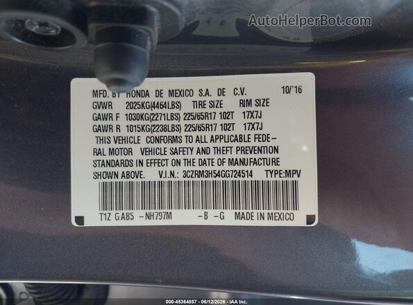3CZRM3H54GG724514 2016 HONDA CR-V Gray Вид підкапотного простору