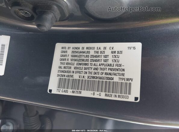 3CZRM3H56GG700604 2016 HONDA CR-V Light Blue Вид підкапотного простору