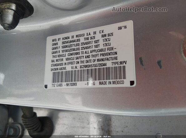 3CZRM3H57GG720344 2016 HONDA CR-V Silver Engine compartment view
