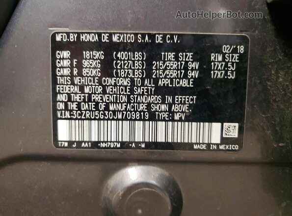 3CZRU5G30JM709819 2018 HONDA HR-V Gray Вид підкапотного простору