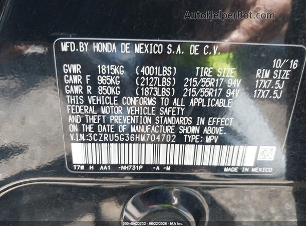 3CZRU5G36HM704702 2017 HONDA HR-V Black Widok komory silnika