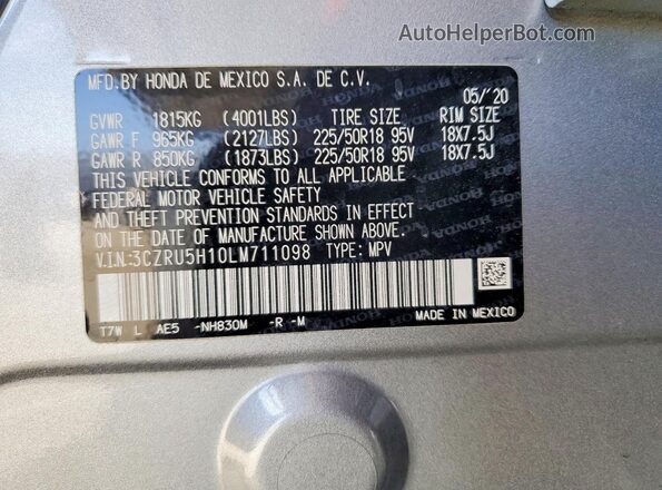 3CZRU5H10LM711098 2020 HONDA HR-V Silver 