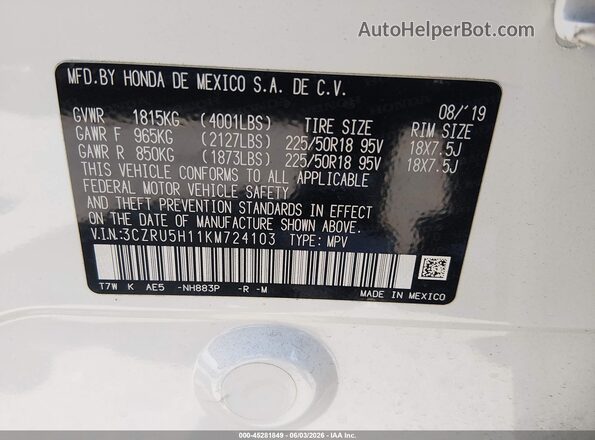 3CZRU5H11KM724103 2019 HONDA HR-V White Engine compartment view