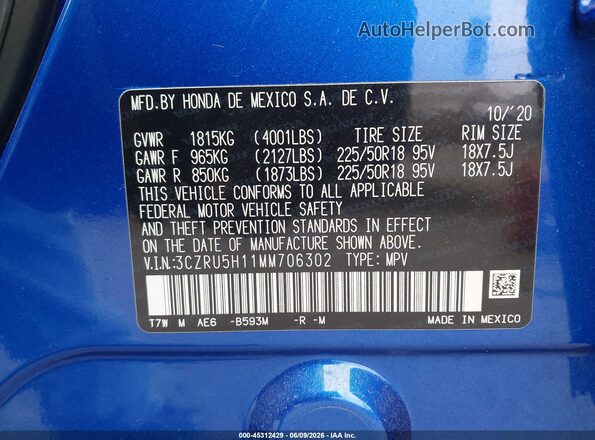 3CZRU5H11MM706302 2021 HONDA HR-V Blue Вид підкапотного простору