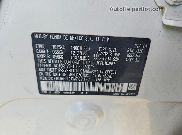 3CZRU5H12KM707147 2019 HONDA HR-V Белый Вид наклейки с VIN-кодом