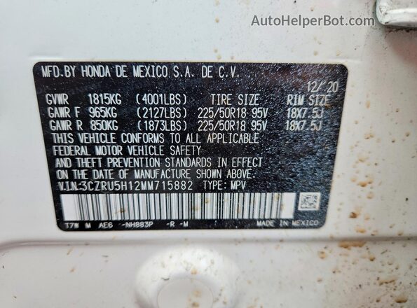 3CZRU5H12MM715882 2021 HONDA HR-V Белый Вид наклейки с VIN-кодом