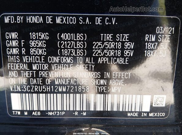3CZRU5H12MM721858 2021 HONDA HR-V Black Вид підкапотного простору