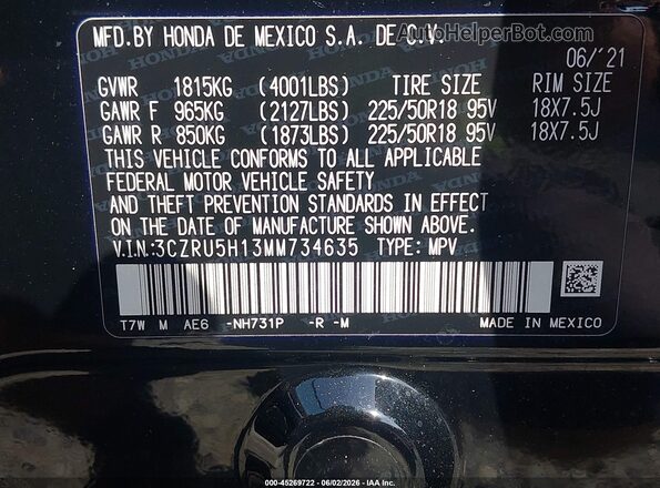 3CZRU5H13MM734635 2021 HONDA HR-V Black Vista del compartimento del motor