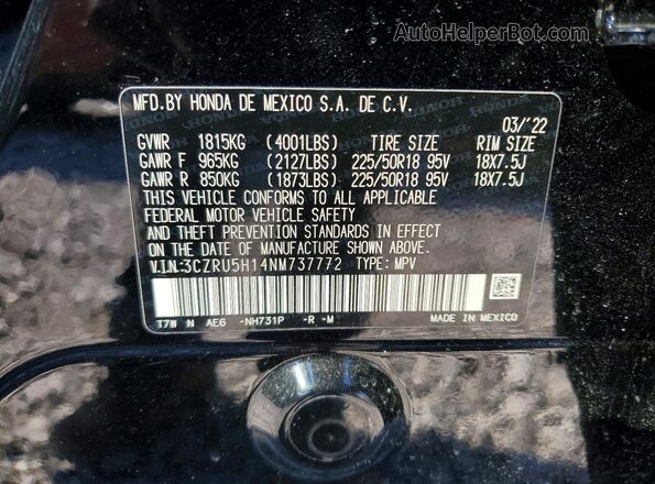3CZRU5H14NM737772 2022 HONDA HR-V Black 