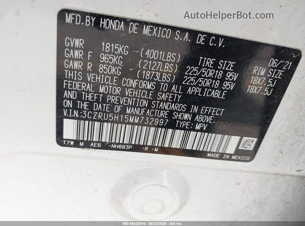 3CZRU5H15MM732997 2021 HONDA HR-V White Engine compartment view
