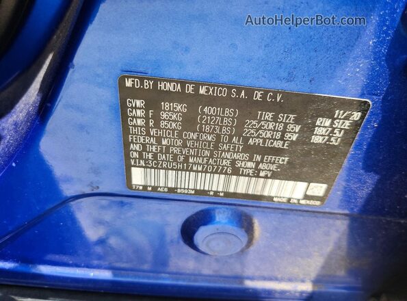 3CZRU5H17MM707776 2021 HONDA HR-V Синий Вид подкапотного пространства