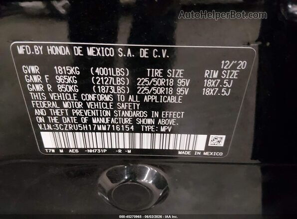 3CZRU5H17MM716154 2021 HONDA HR-V Black Вид підкапотного простору
