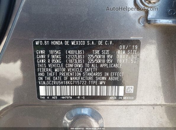 3CZRU5H18KG715722 2019 HONDA HR-V Gray ძრავის განყოფილების ხედი