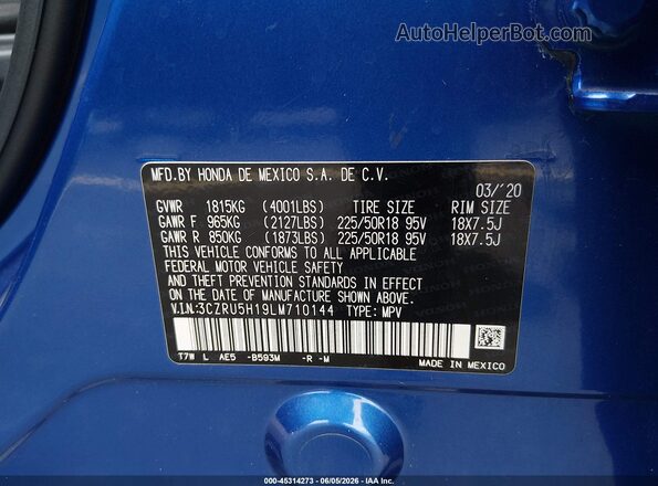 3CZRU5H19LM710144 2020 HONDA HR-V Blue 