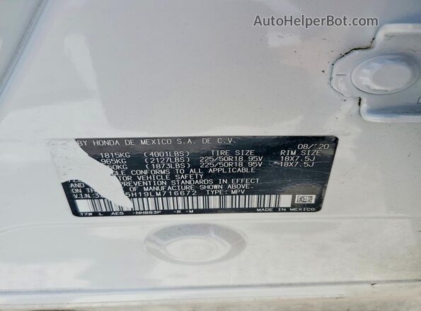3CZRU5H19LM716672 2020 HONDA HR-V Белый Вид наклейки с VIN-кодом