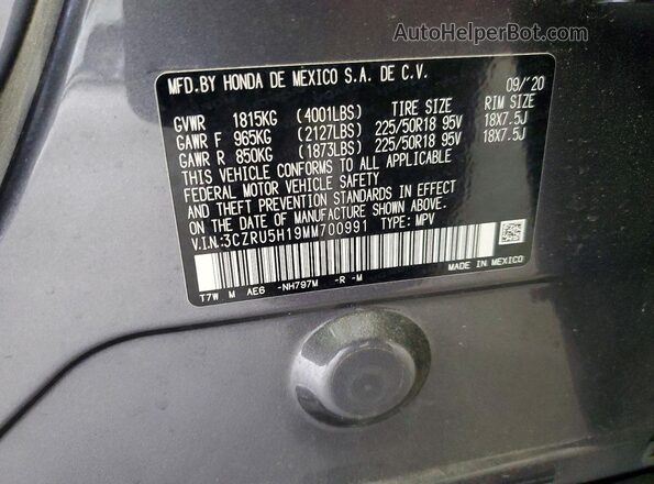 3CZRU5H19MM700991 2021 HONDA HR-V Gray Vista de la etiqueta del VIN