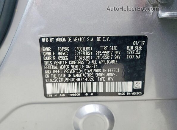 3CZRU5H30HM714026 2017 HONDA HR-V Gray Widok naklejki z numerem VIN