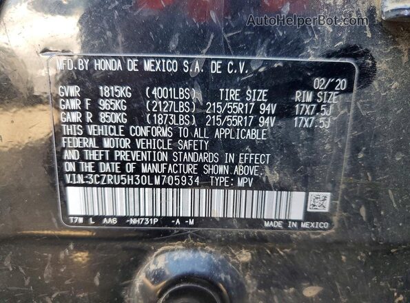 3CZRU5H30LM705934 2020 HONDA HR-V Black Widok wnętrza 360 stopni
