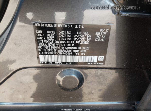 3CZRU5H30NM740007 2022 HONDA HR-V Gray 
