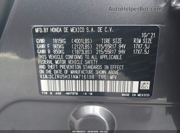 3CZRU5H31NM716198 2022 HONDA HR-V Gray ძრავის განყოფილების ხედი