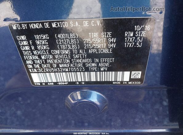 3CZRU5H32HM705523 2017 HONDA HR-V Blue Engine compartment view