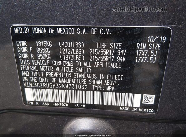 3CZRU5H32KM731062 2019 HONDA HR-V Gray Widok komory silnika