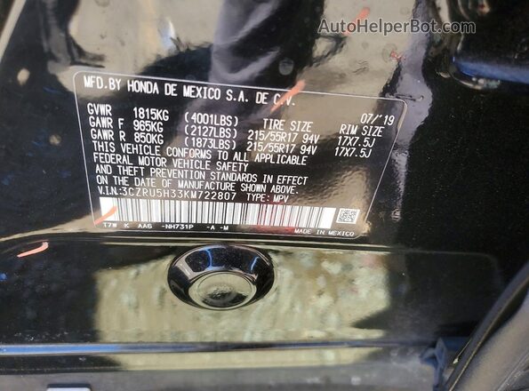 3CZRU5H33KM722807 2019 HONDA HR-V Black Vista del compartimento del motor