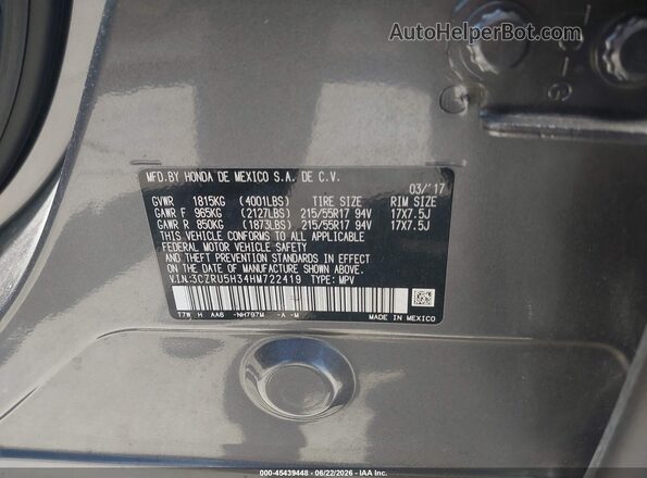 3CZRU5H34HM722419 2017 HONDA HR-V Gray Շարժիչի բաժամունքի տեսք