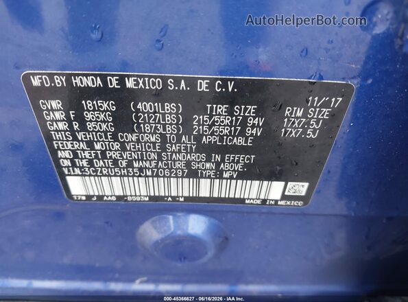 3CZRU5H35JM706297 2018 HONDA HR-V Blue Engine compartment view