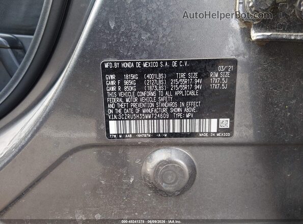 3CZRU5H35MM724609 2021 HONDA HR-V Gray Widok komory silnika