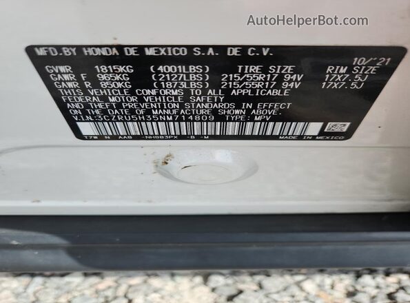 3CZRU5H35NM714809 2022 HONDA HR-V White 