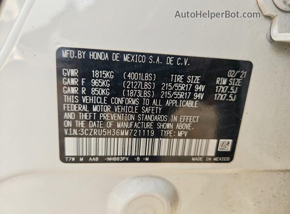 3CZRU5H36MM721119 2021 HONDA HR-V Белый Панорамный вид салона 360°