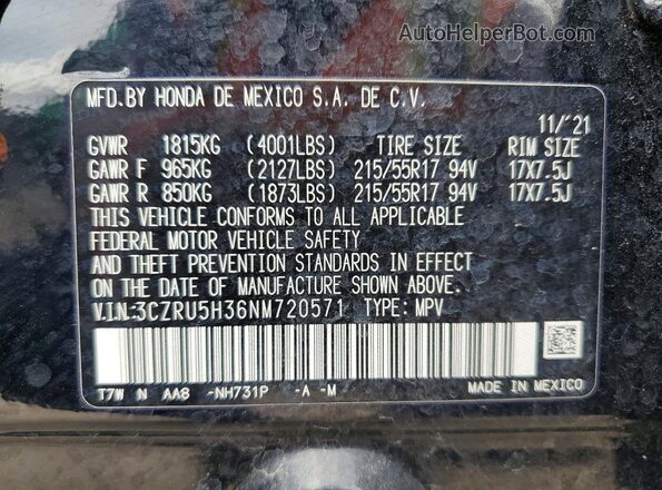 3CZRU5H36NM720571 2022 HONDA HR-V Black Widok wnętrza 360 stopni