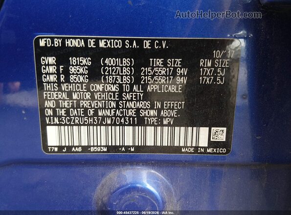 3CZRU5H37JM704311 2018 HONDA HR-V Blue Շարժիչի բաժամունքի տեսք