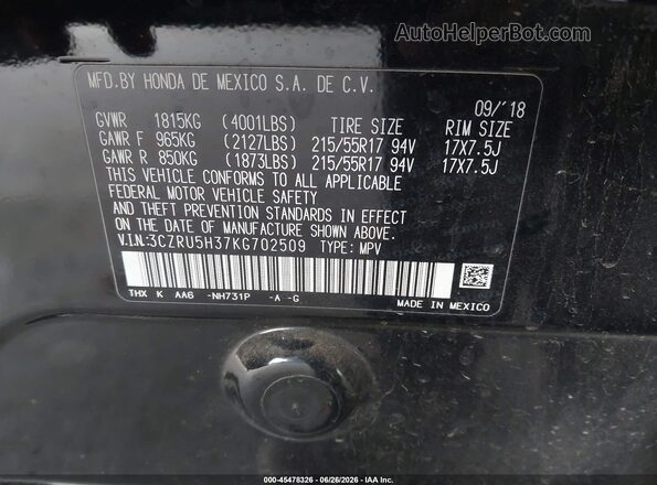 3CZRU5H37KG702509 2019 HONDA HR-V Black Widok komory silnika