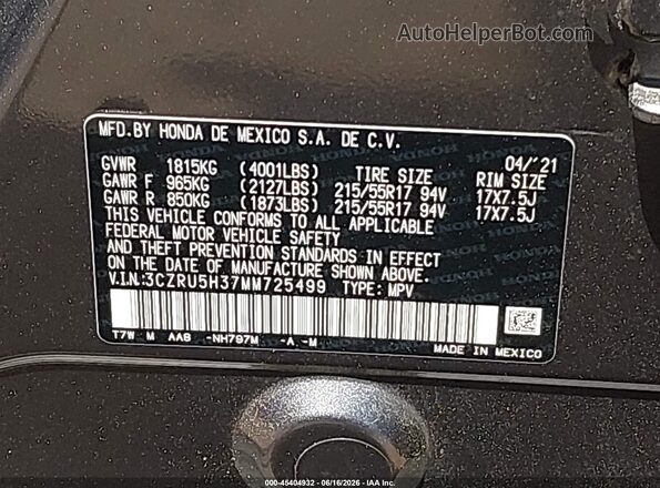 3CZRU5H37MM725499 2021 HONDA HR-V Gray Widok komory silnika