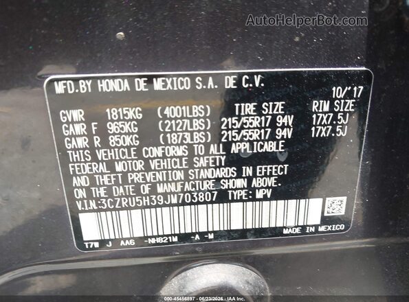 3CZRU5H39JM703807 2018 HONDA HR-V Gray Շարժիչի բաժամունքի տեսք