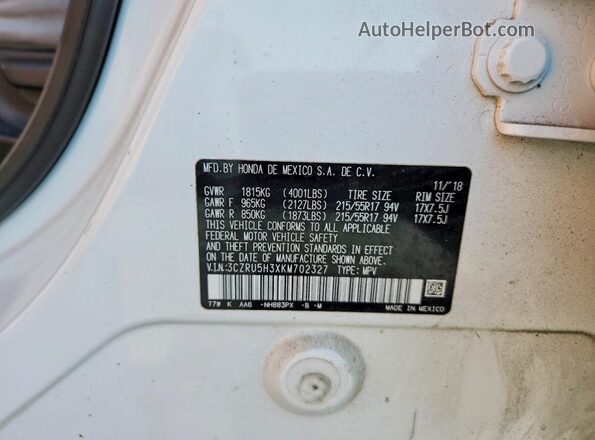 3CZRU5H3XKM702327 2019 HONDA HR-V White Вид наклейки з VIN-кодом