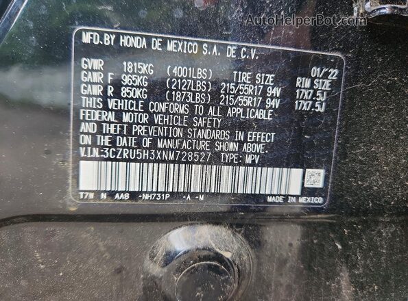 3CZRU5H3XNM728527 2022 HONDA HR-V Черный 