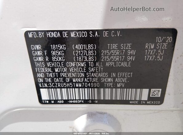 3CZRU5H51MM704990 2021 HONDA HR-V White Вид підкапотного простору