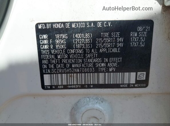 3CZRU5H52NM708693 2022 HONDA HR-V White Engine compartment view