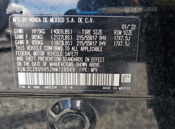 3CZRU5H52NM728569 2022 HONDA HR-V Black 
