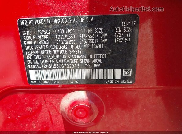 3CZRU5H53JG702913 2018 HONDA HR-V Red Вид підкапотного простору