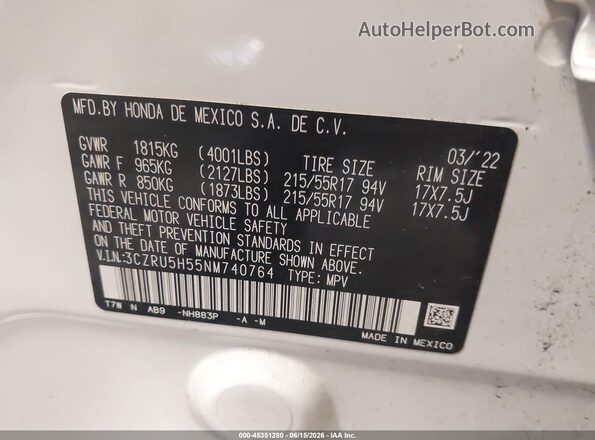 3CZRU5H55NM740764 2022 HONDA HR-V White Vista del compartimento del motor