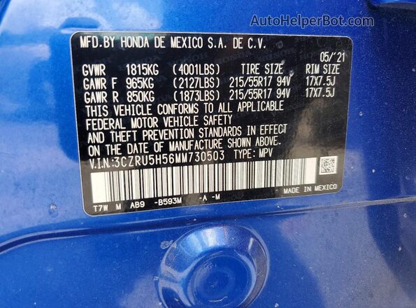 3CZRU5H56MM730503 2021 HONDA HR-V Blue Vista de la etiqueta del VIN