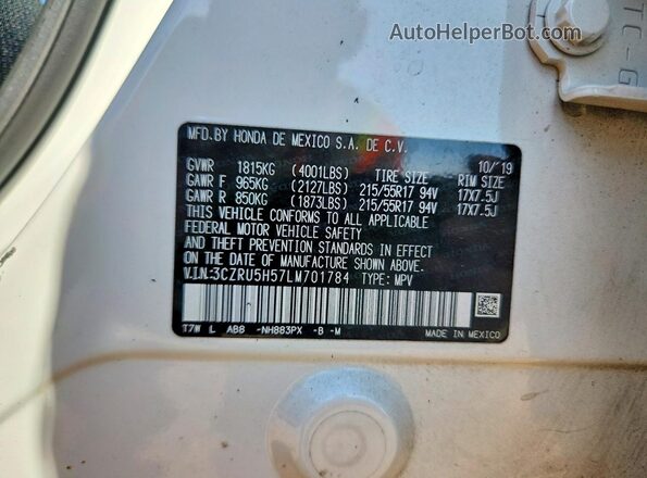 3CZRU5H57LM701784 2020 HONDA HR-V White Vista de la etiqueta del VIN