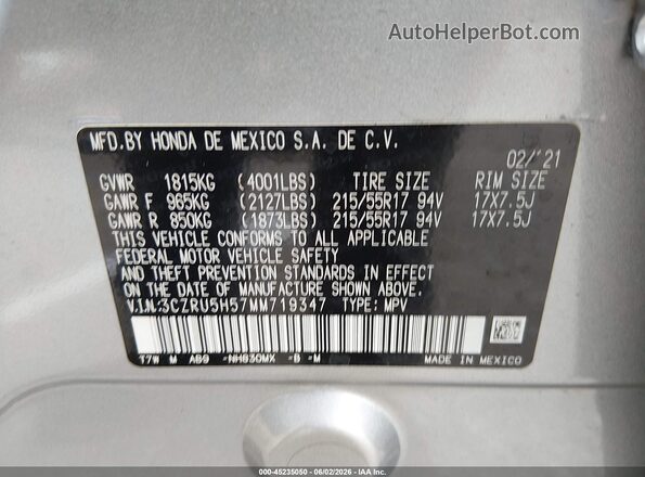 3CZRU5H57MM719347 2021 HONDA HR-V Silver ძრავის განყოფილების ხედი