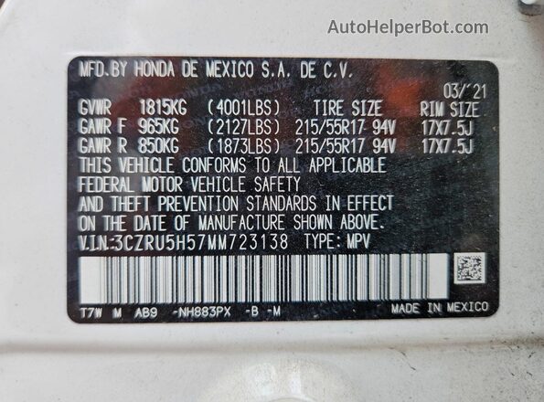 3CZRU5H57MM723138 2021 HONDA HR-V White VIN կոդի պիտակի տեսք